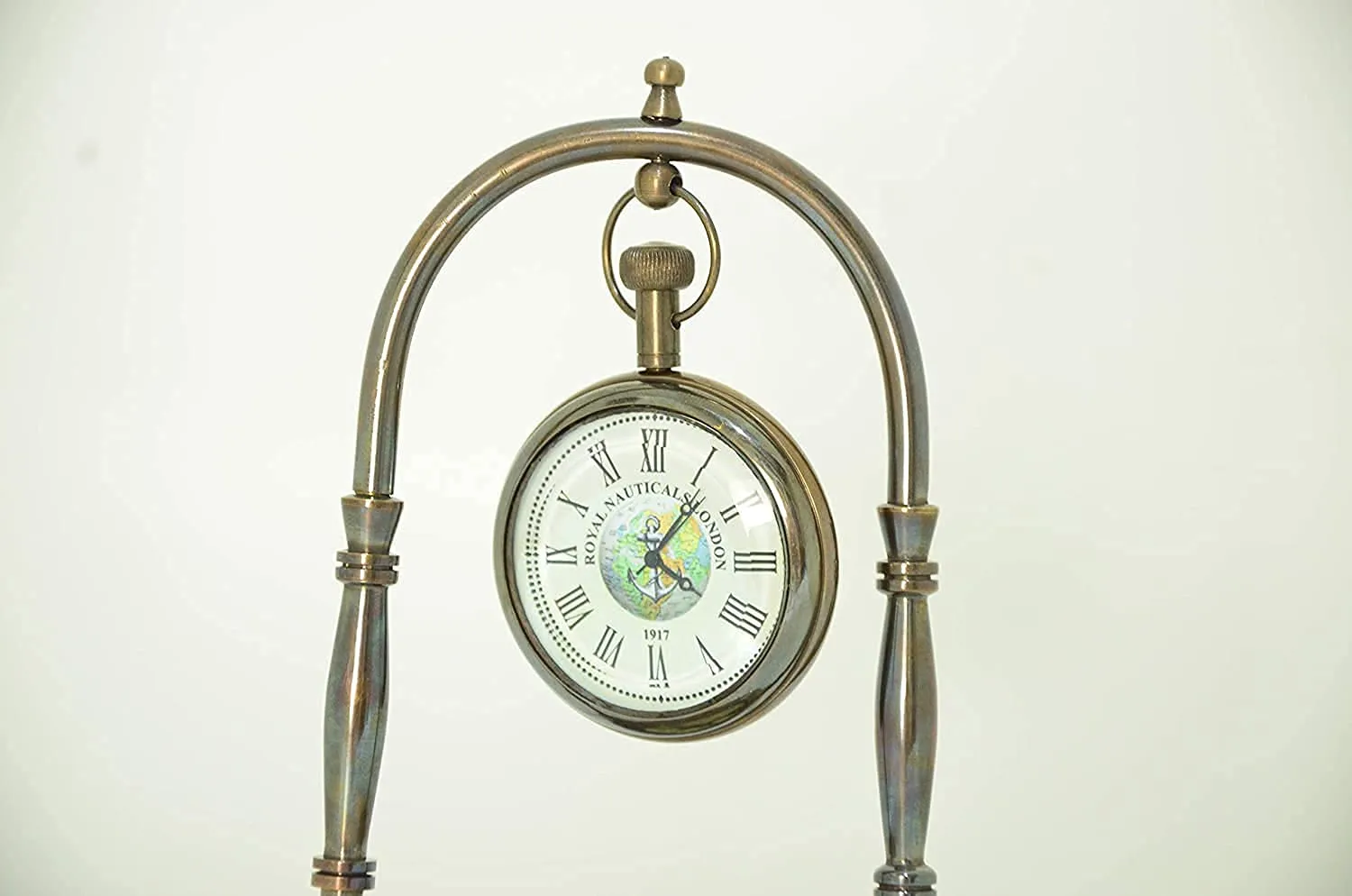JMM Handmade Nautical Antique Brass Desk & Shelf Clock with Compass Base Antique Brass Desk Hanging Clock with Compass – Roman Dial.(Set of 5 Pieces)