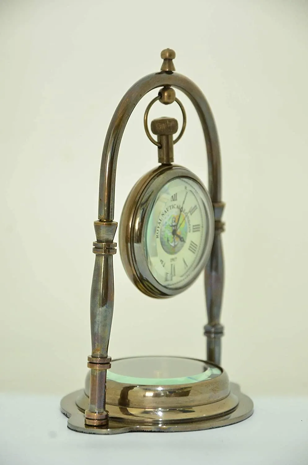JMM Handmade Nautical Antique Brass Desk & Shelf Clock with Compass Base Antique Brass Desk Hanging Clock with Compass – Roman Dial.(Set of 5 Pieces)
