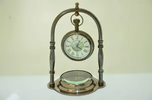 JMM Handmade Nautical Antique Brass Desk & Shelf Clock with Compass Base Antique Brass Desk Hanging Clock with Compass – Roman Dial.(Set of 5 Pieces)