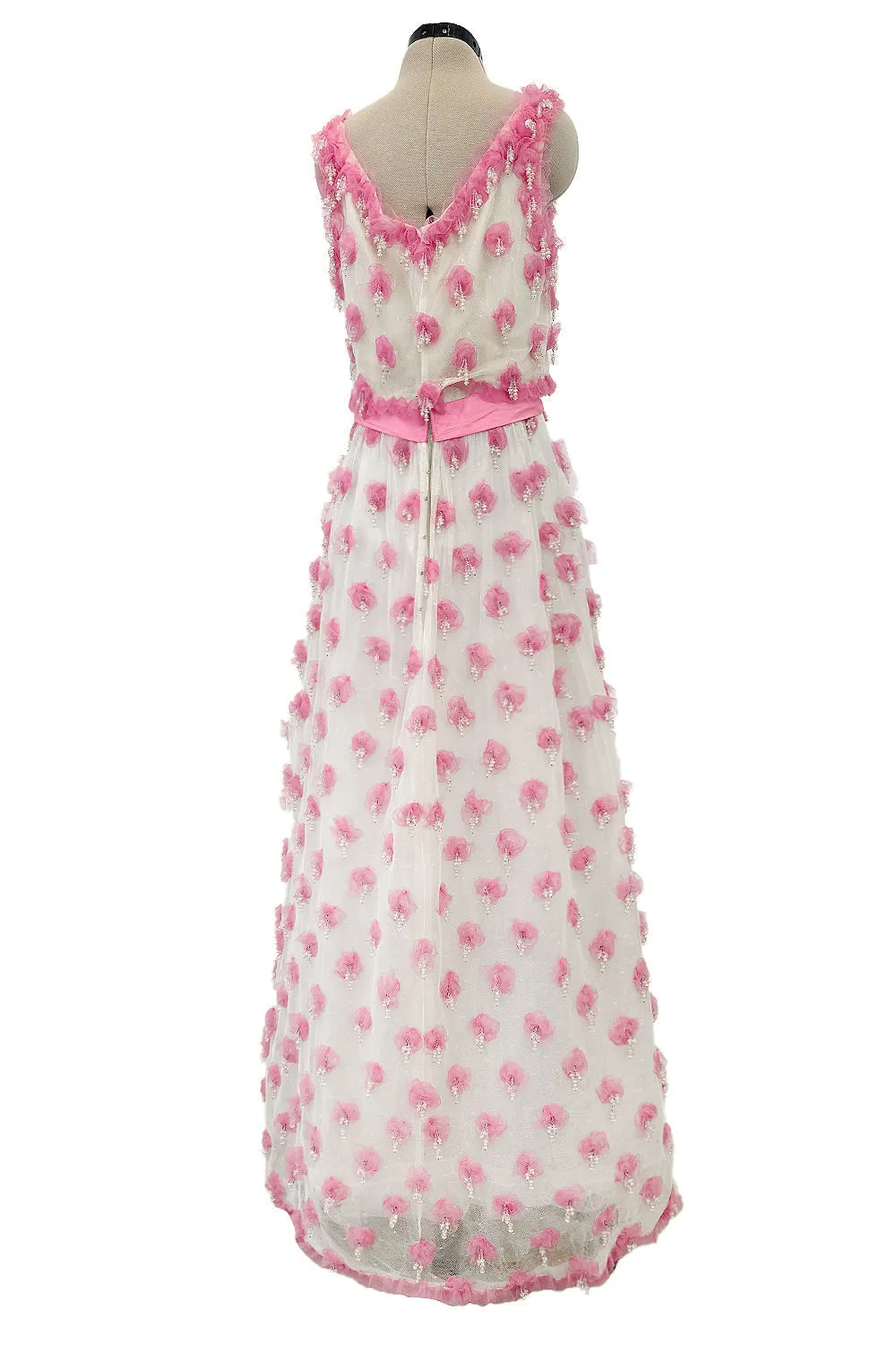 Late 1960s Belleville et Cie Couture Ivory Silk Net Dress w Pink Chiffon & Beaded Details