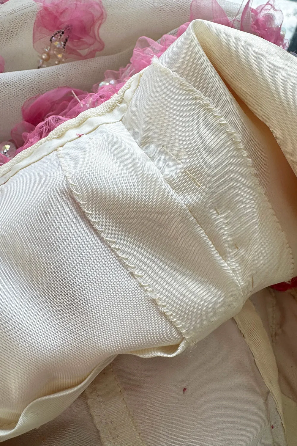 Late 1960s Belleville et Cie Couture Ivory Silk Net Dress w Pink Chiffon & Beaded Details