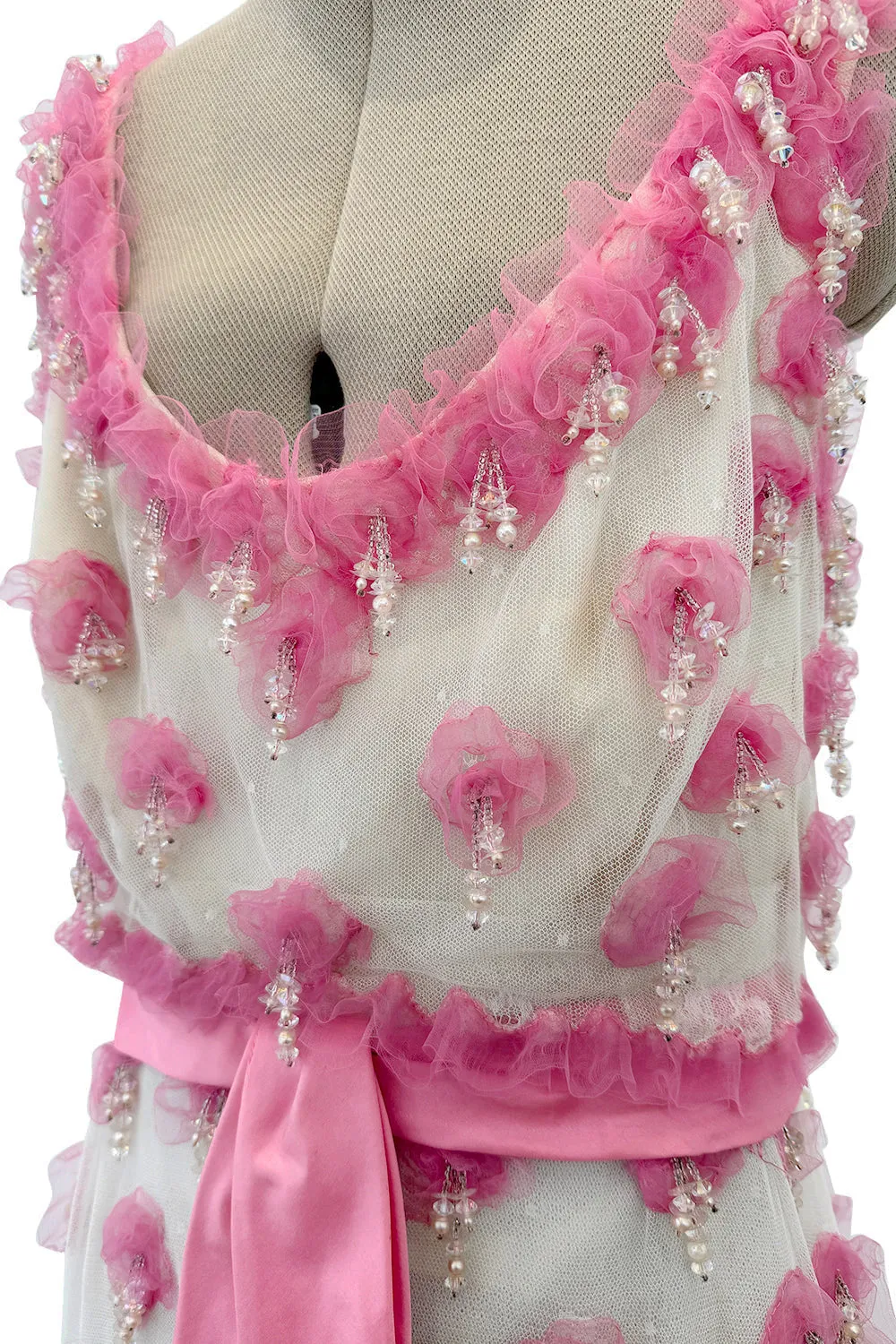 Late 1960s Belleville et Cie Couture Ivory Silk Net Dress w Pink Chiffon & Beaded Details