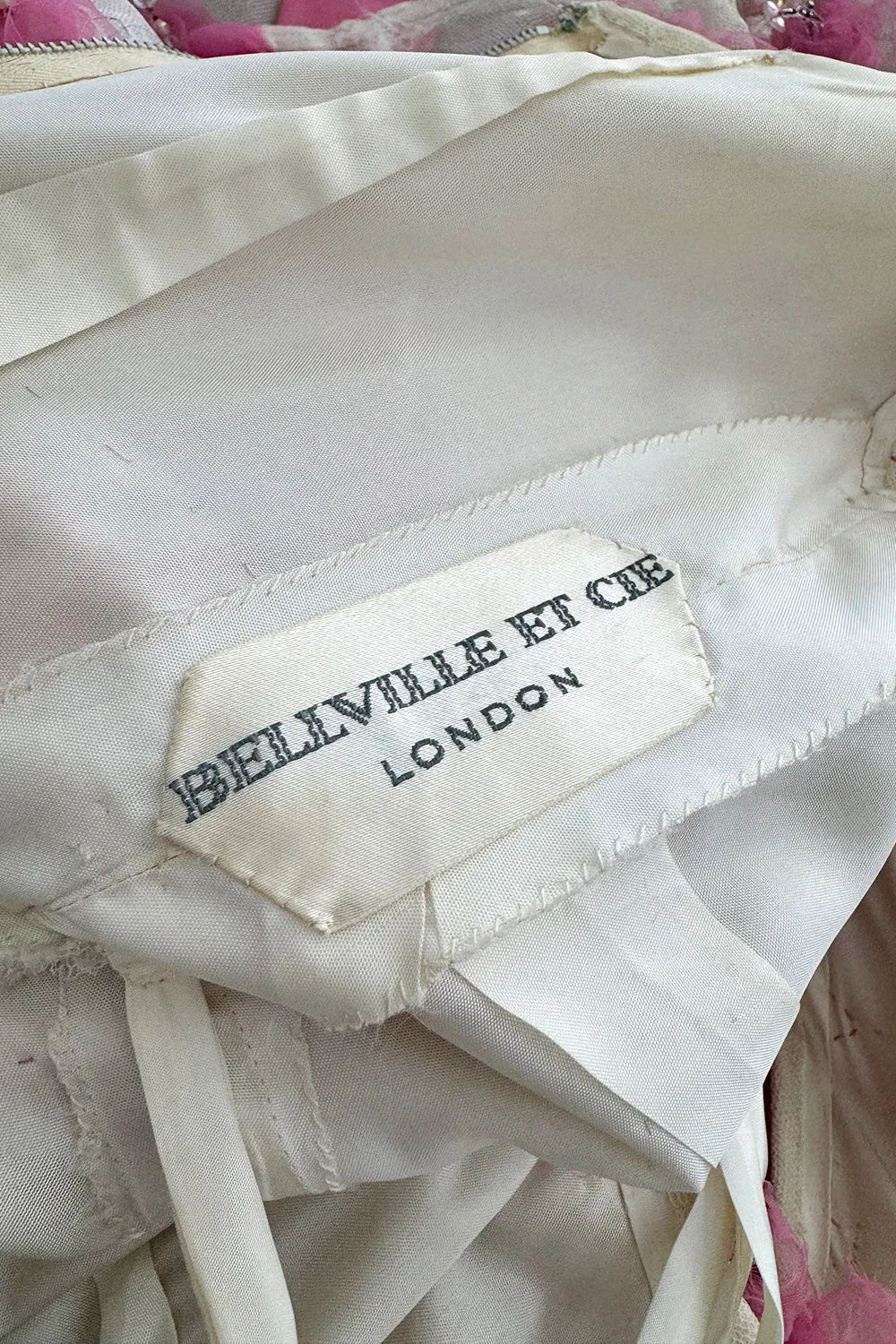 Late 1960s Belleville et Cie Couture Ivory Silk Net Dress w Pink Chiffon & Beaded Details
