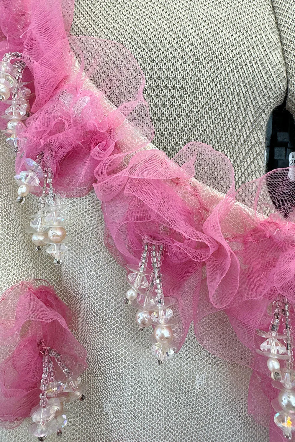 Late 1960s Belleville et Cie Couture Ivory Silk Net Dress w Pink Chiffon & Beaded Details
