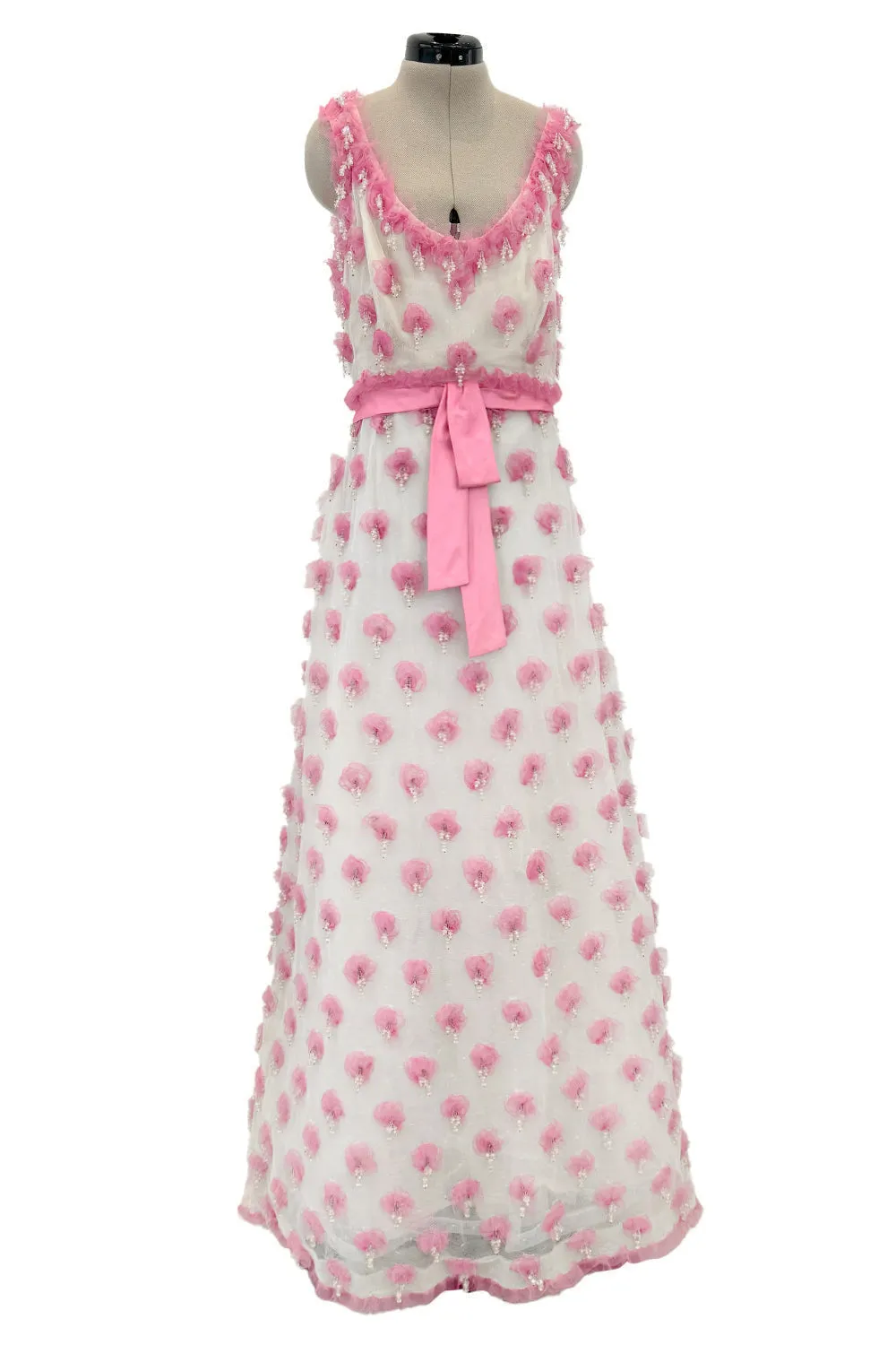 Late 1960s Belleville et Cie Couture Ivory Silk Net Dress w Pink Chiffon & Beaded Details