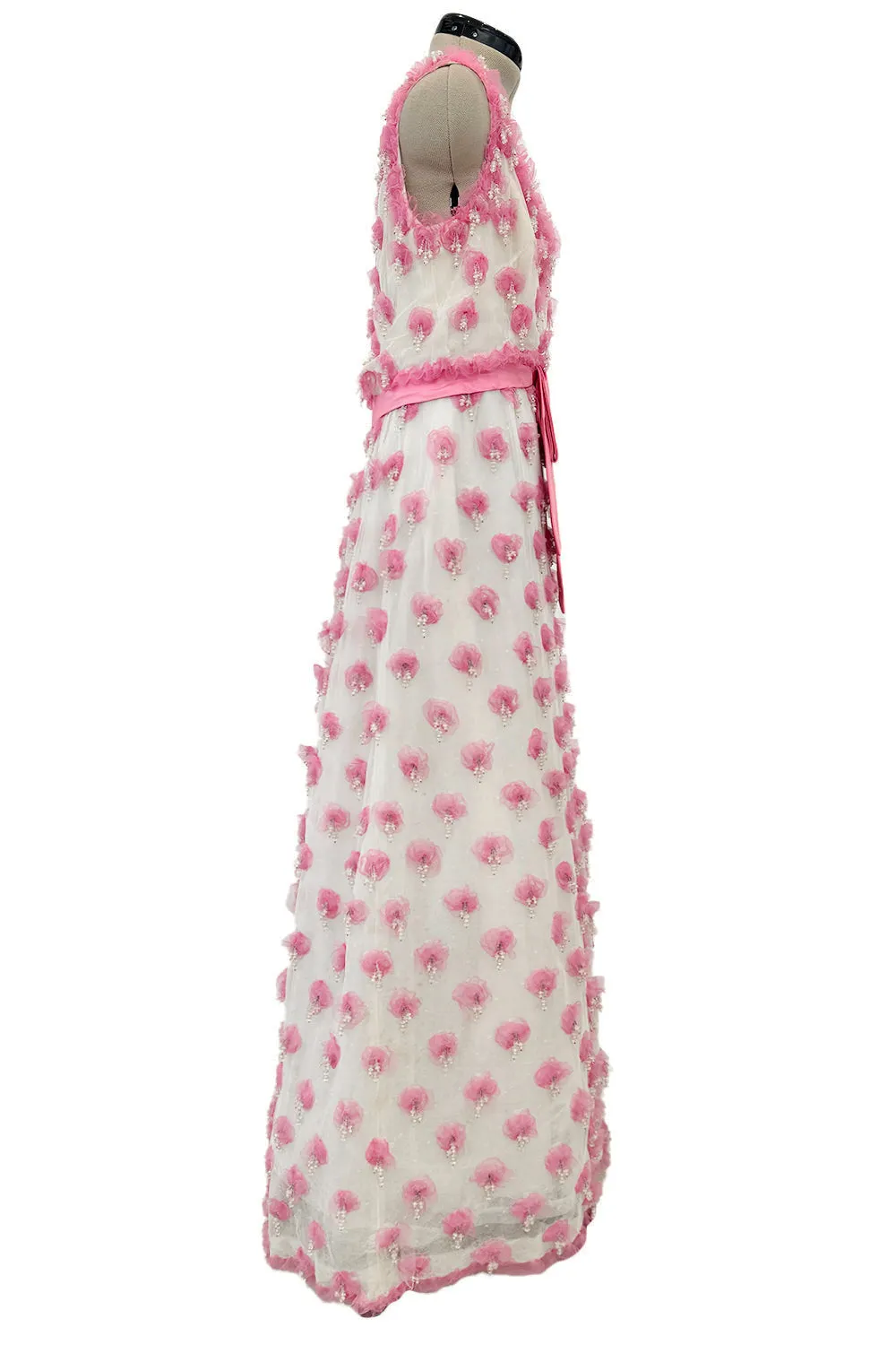 Late 1960s Belleville et Cie Couture Ivory Silk Net Dress w Pink Chiffon & Beaded Details