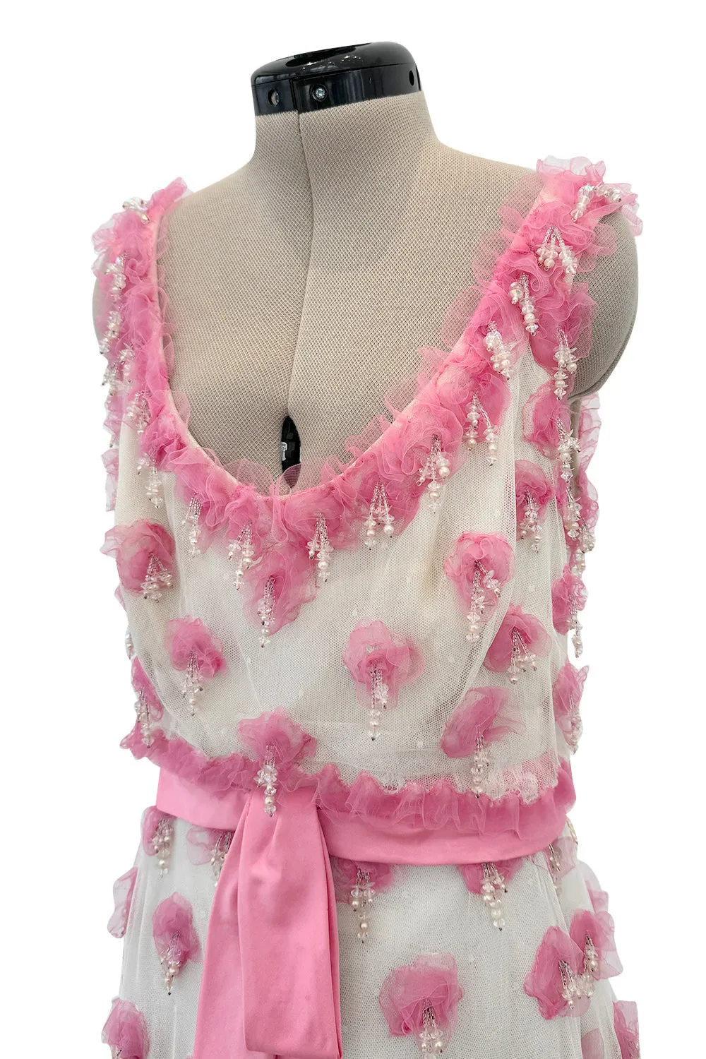 Late 1960s Belleville et Cie Couture Ivory Silk Net Dress w Pink Chiffon & Beaded Details