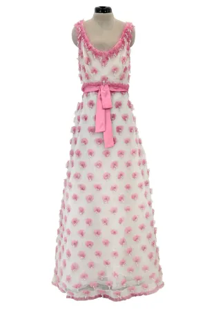 Late 1960s Belleville et Cie Couture Ivory Silk Net Dress w Pink Chiffon & Beaded Details