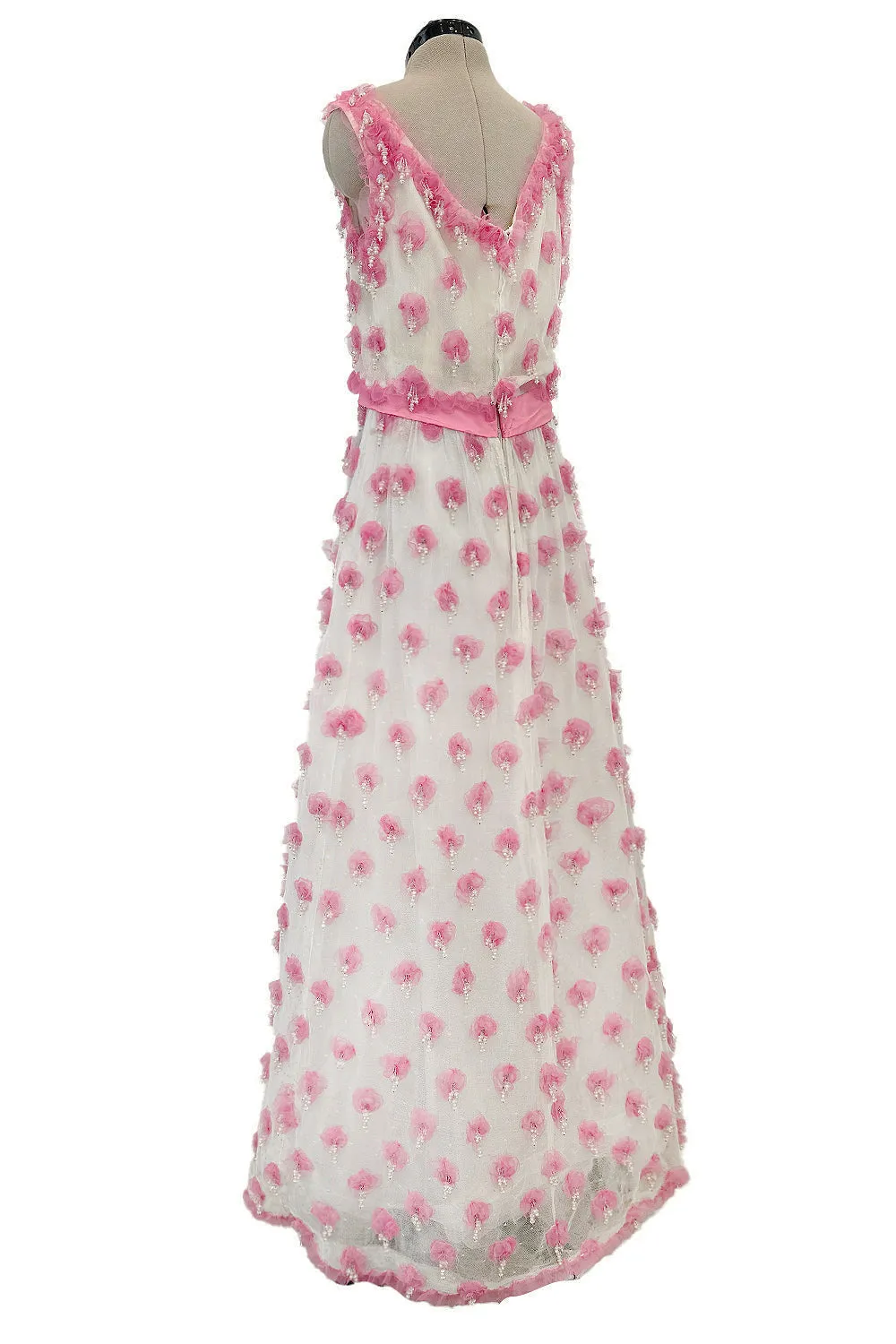 Late 1960s Belleville et Cie Couture Ivory Silk Net Dress w Pink Chiffon & Beaded Details