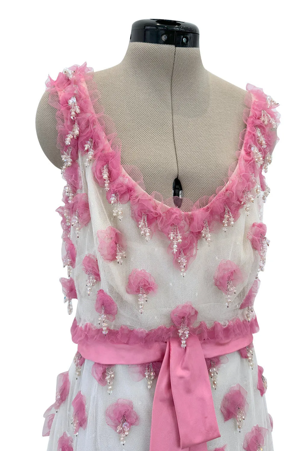 Late 1960s Belleville et Cie Couture Ivory Silk Net Dress w Pink Chiffon & Beaded Details