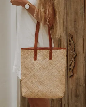 Leather Straw Shoulder Bag Brown