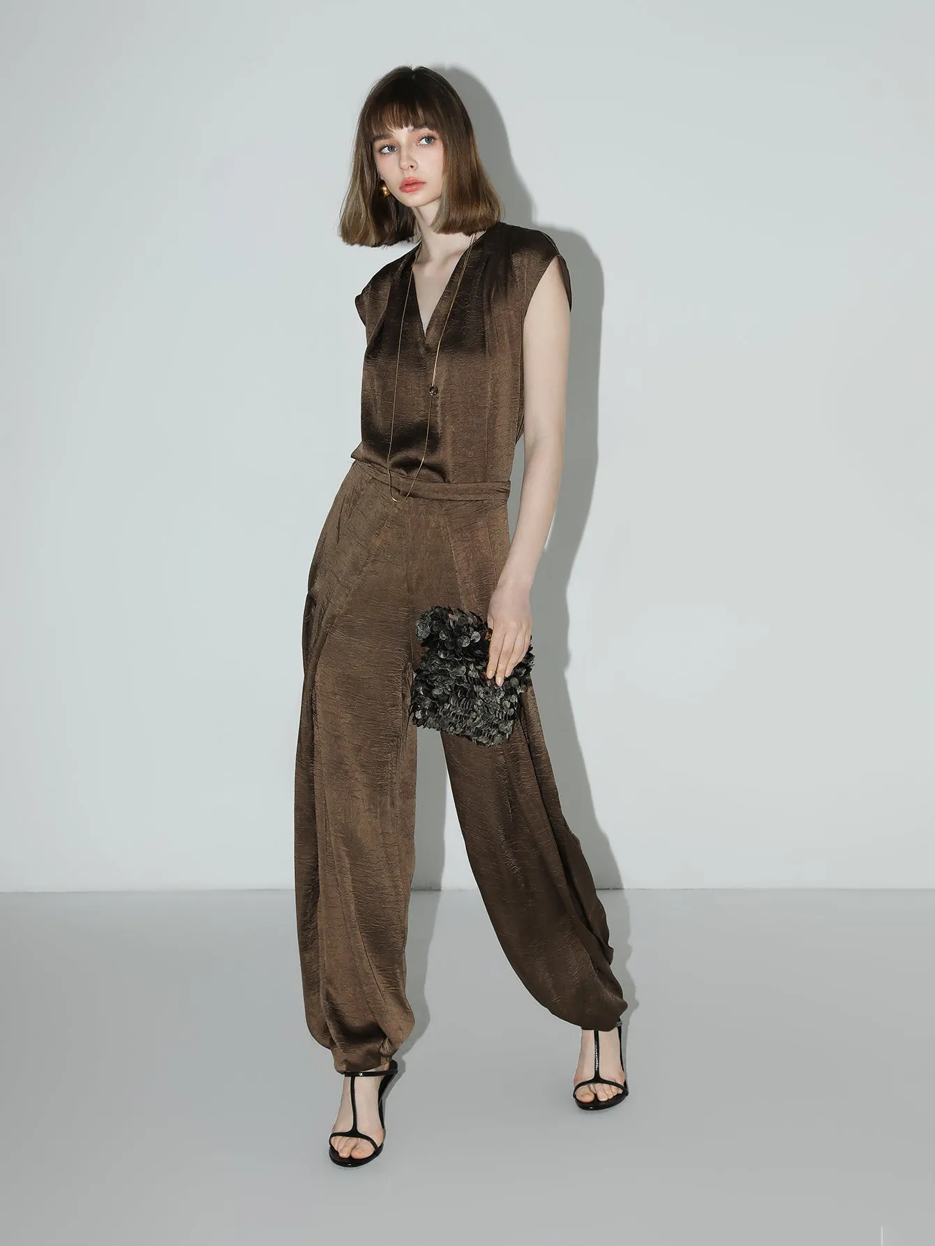 Luxurious Brown Satin Sleeveless V-Neck Top