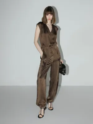 Luxurious Brown Satin Sleeveless V-Neck Top