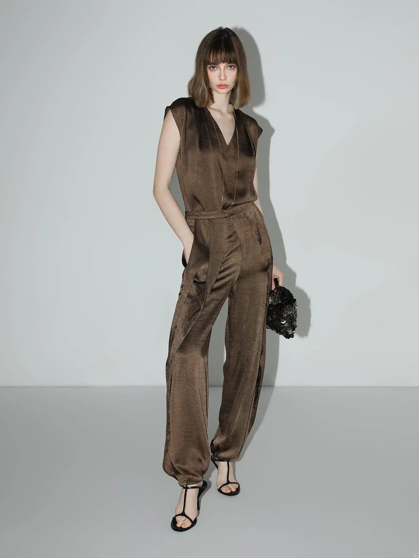 Luxurious Brown Satin Sleeveless V-Neck Top