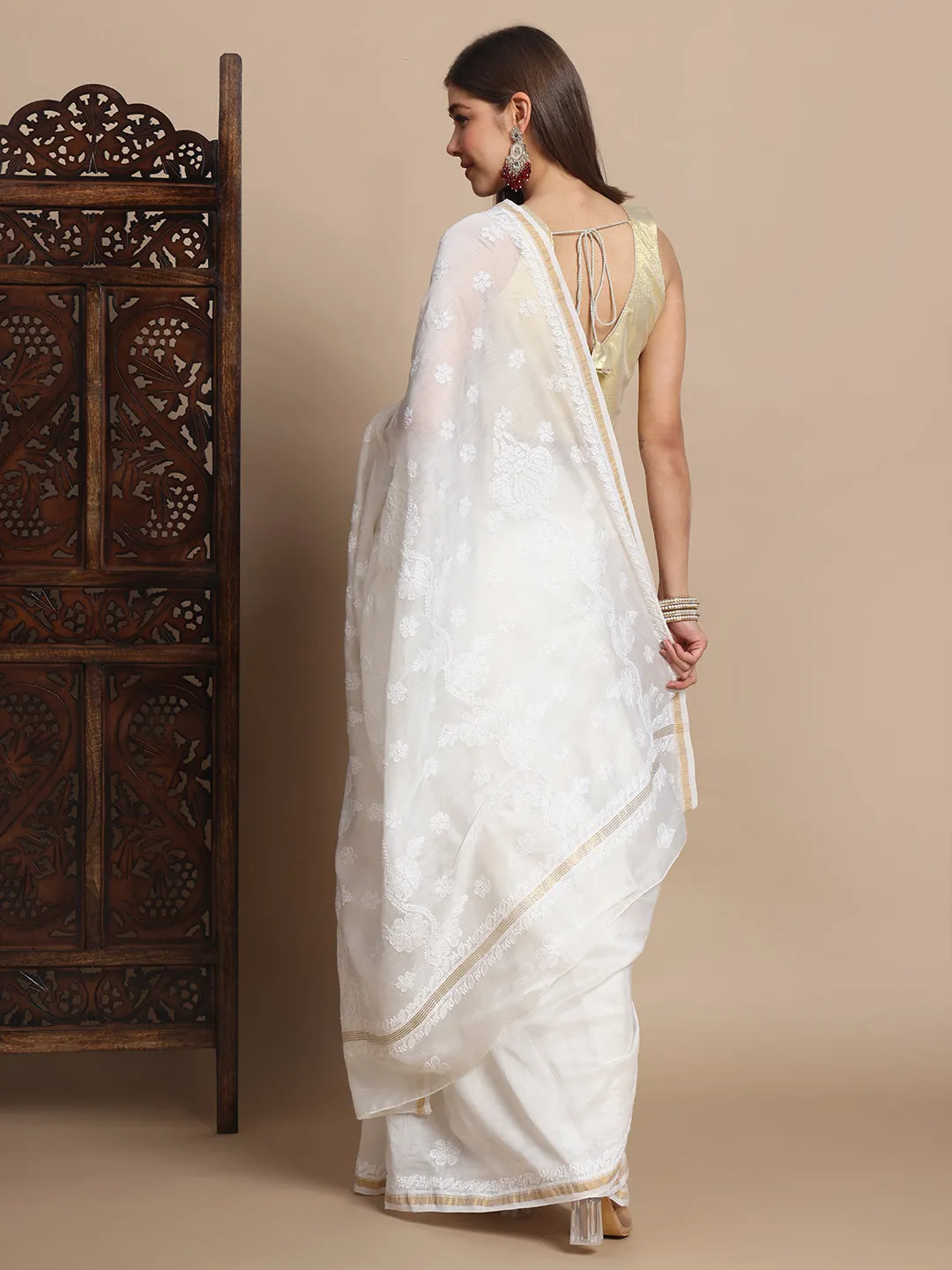 Luxurious Chikankari & Zari Pure Chanderi Silk Saree