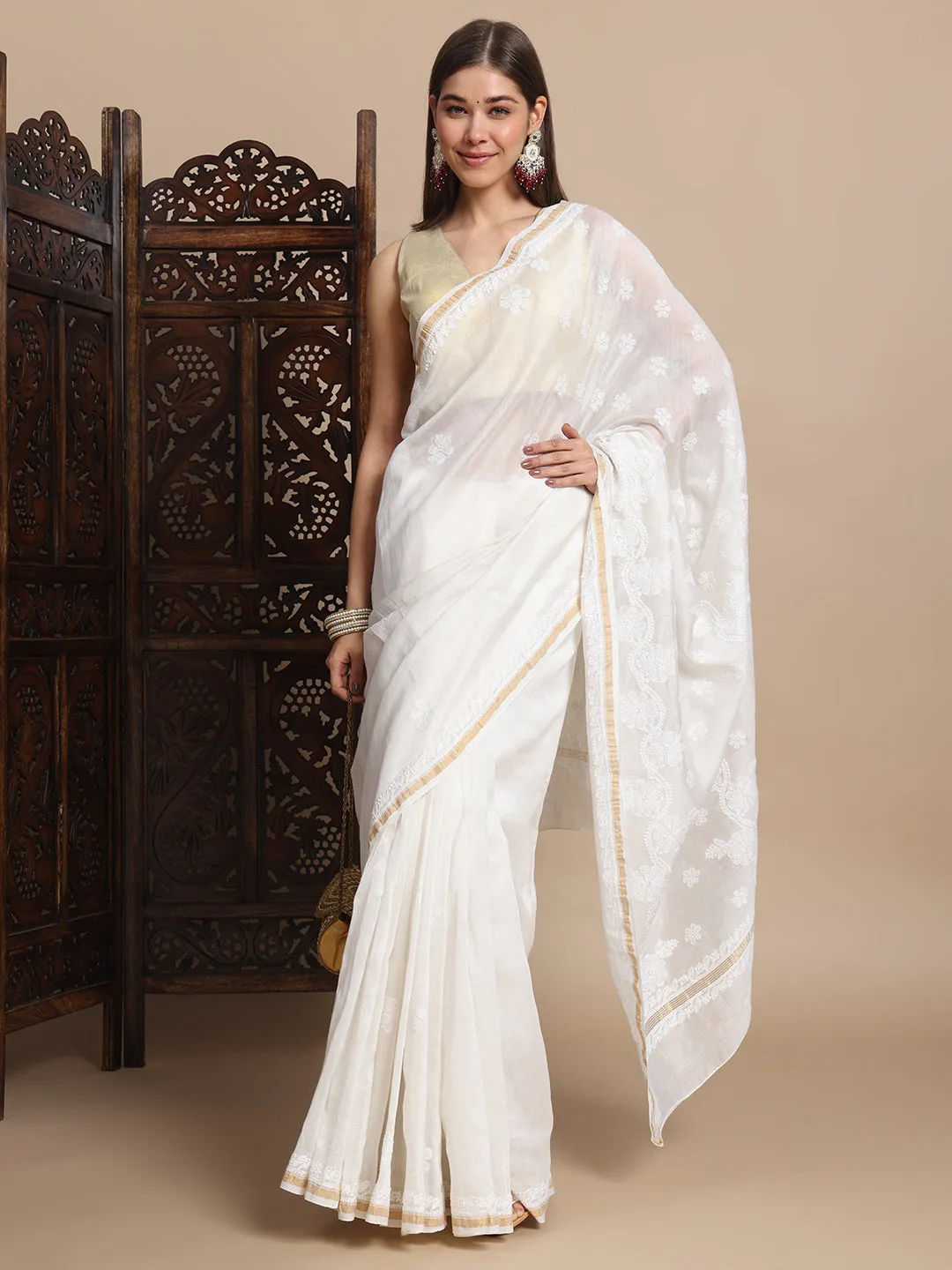 Luxurious Chikankari & Zari Pure Chanderi Silk Saree