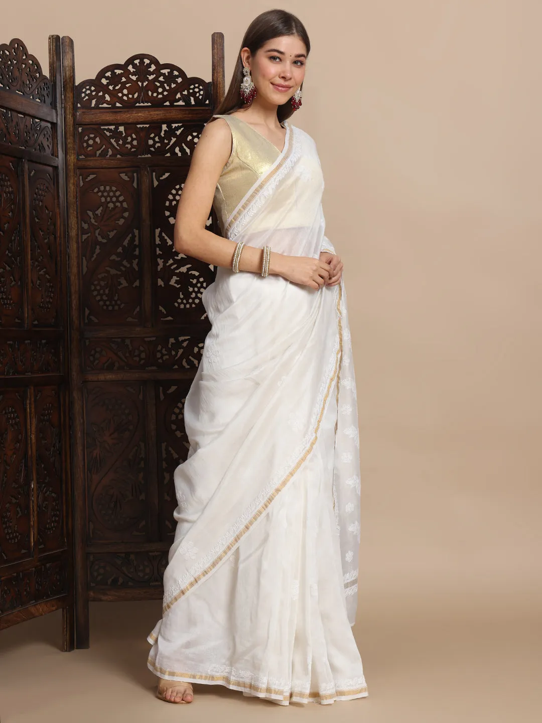 Luxurious Chikankari & Zari Pure Chanderi Silk Saree