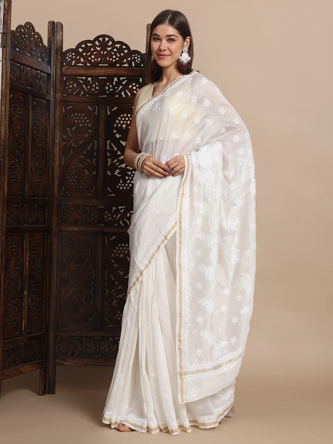 Luxurious Chikankari & Zari Pure Chanderi Silk Saree