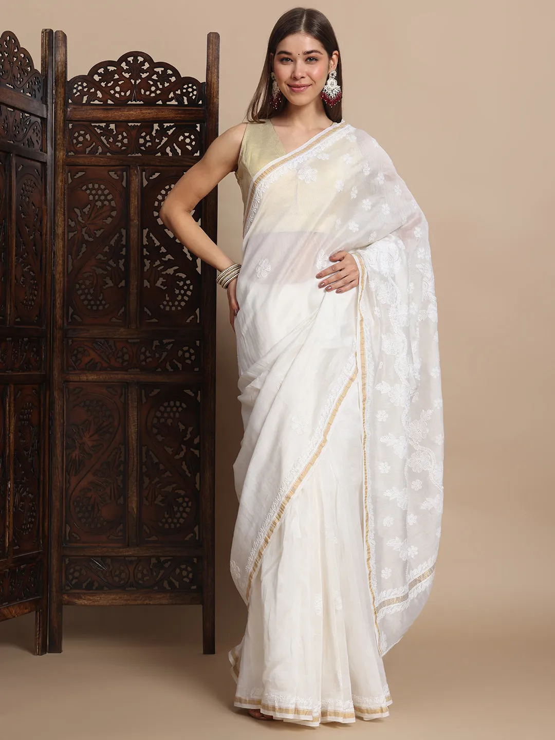 Luxurious Chikankari & Zari Pure Chanderi Silk Saree