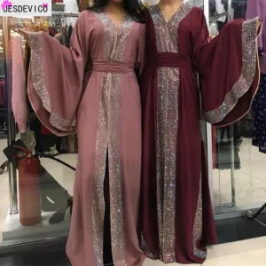 Luxurious Femme Kimono Kaftan Handstudded Robe Dubai Islam Muslim Hijab Dress Abayas Caftan Marocain Qatar Oman Turkey  Clothing