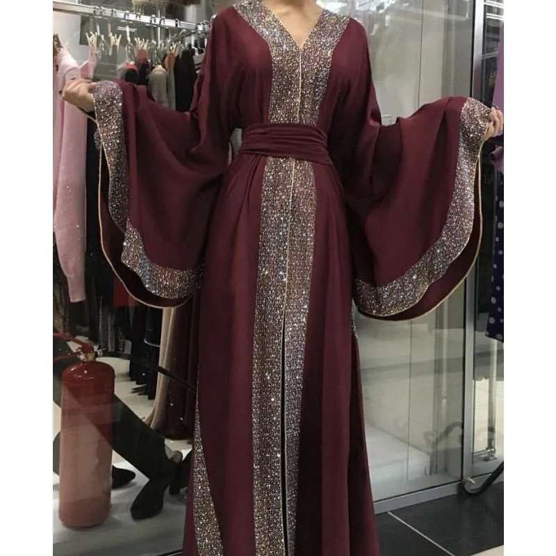 Luxurious Femme Kimono Kaftan Handstudded Robe Dubai Islam Muslim Hijab Dress Abayas Caftan Marocain Qatar Oman Turkey  Clothing