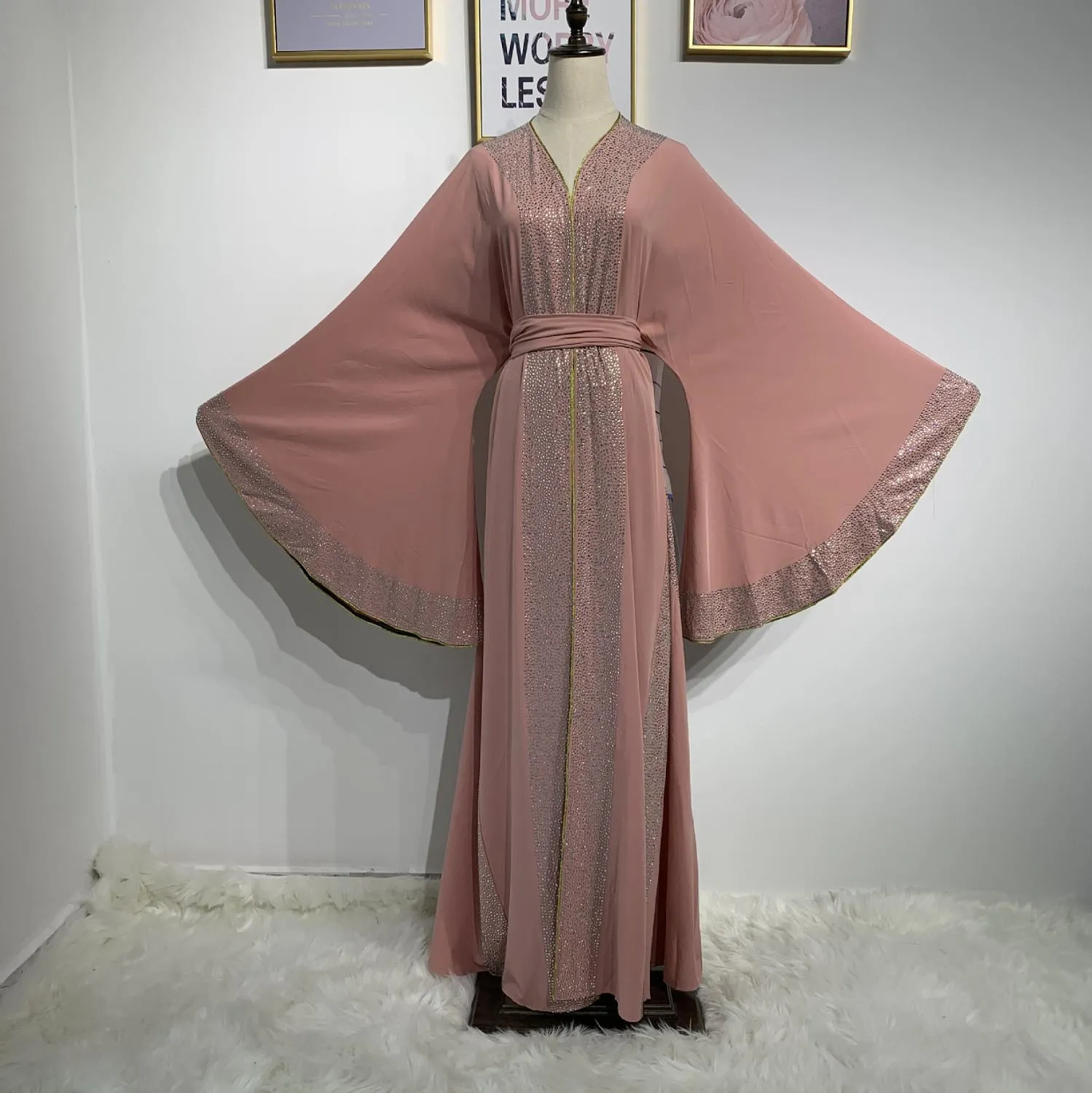 Luxurious Femme Kimono Kaftan Handstudded Robe Dubai Islam Muslim Hijab Dress Abayas Caftan Marocain Qatar Oman Turkey  Clothing