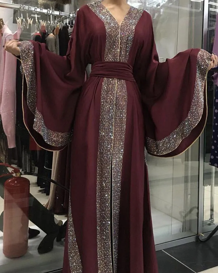 Luxurious Femme Kimono Kaftan Handstudded Robe Dubai Islam Muslim Hijab Dress Abayas Caftan Marocain Qatar Oman Turkey  Clothing
