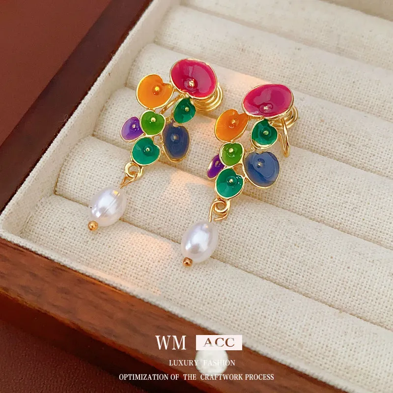 Luxurious Flower Geometric Artificial Pearl Oil Dripping Earrings