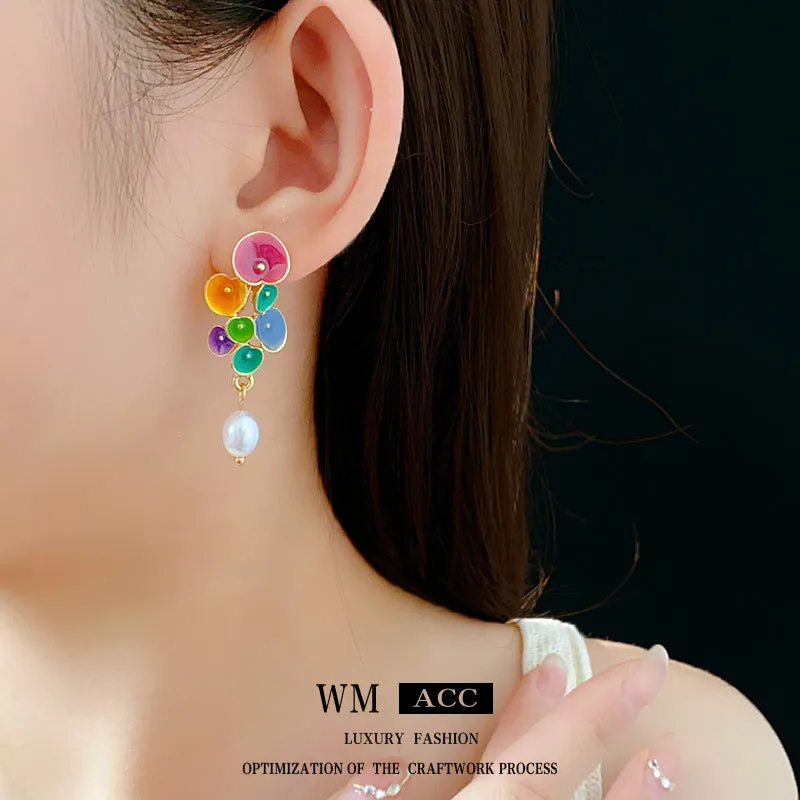 Luxurious Flower Geometric Artificial Pearl Oil Dripping Earrings