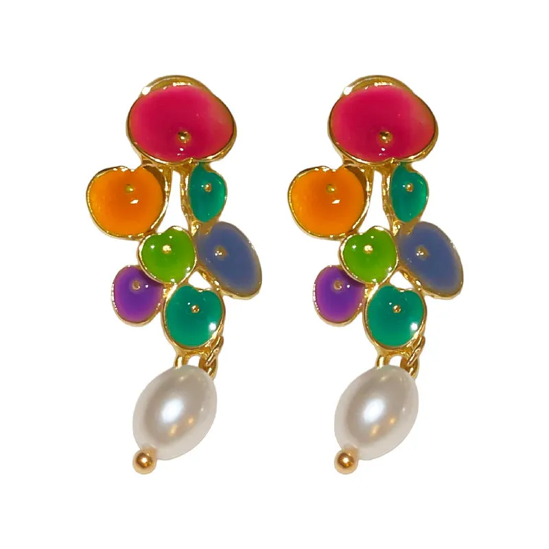 Luxurious Flower Geometric Artificial Pearl Oil Dripping Earrings