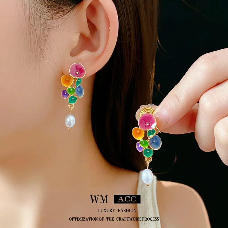 Luxurious Flower Geometric Artificial Pearl Oil Dripping Earrings