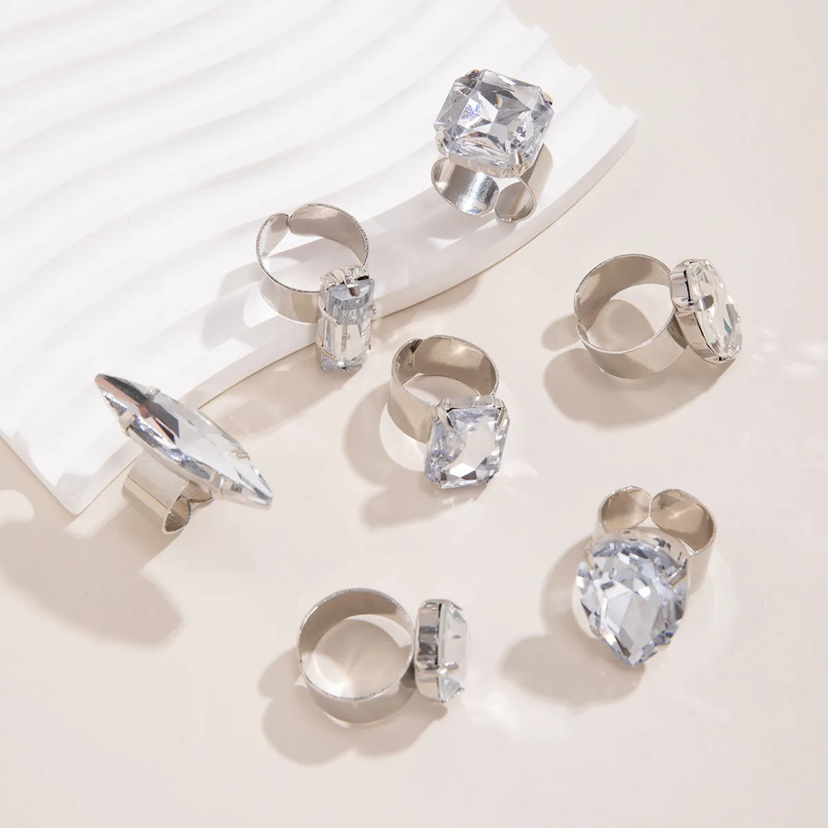 Luxurious Geometric Crystal Ring Set with Adjustable Opening