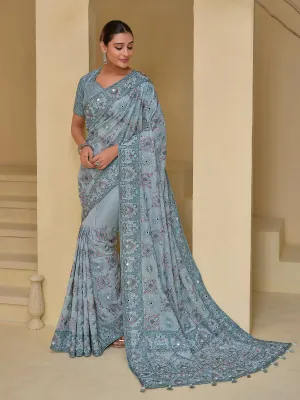 Luxurious Grey Banarasi Silk Embroidered Saree