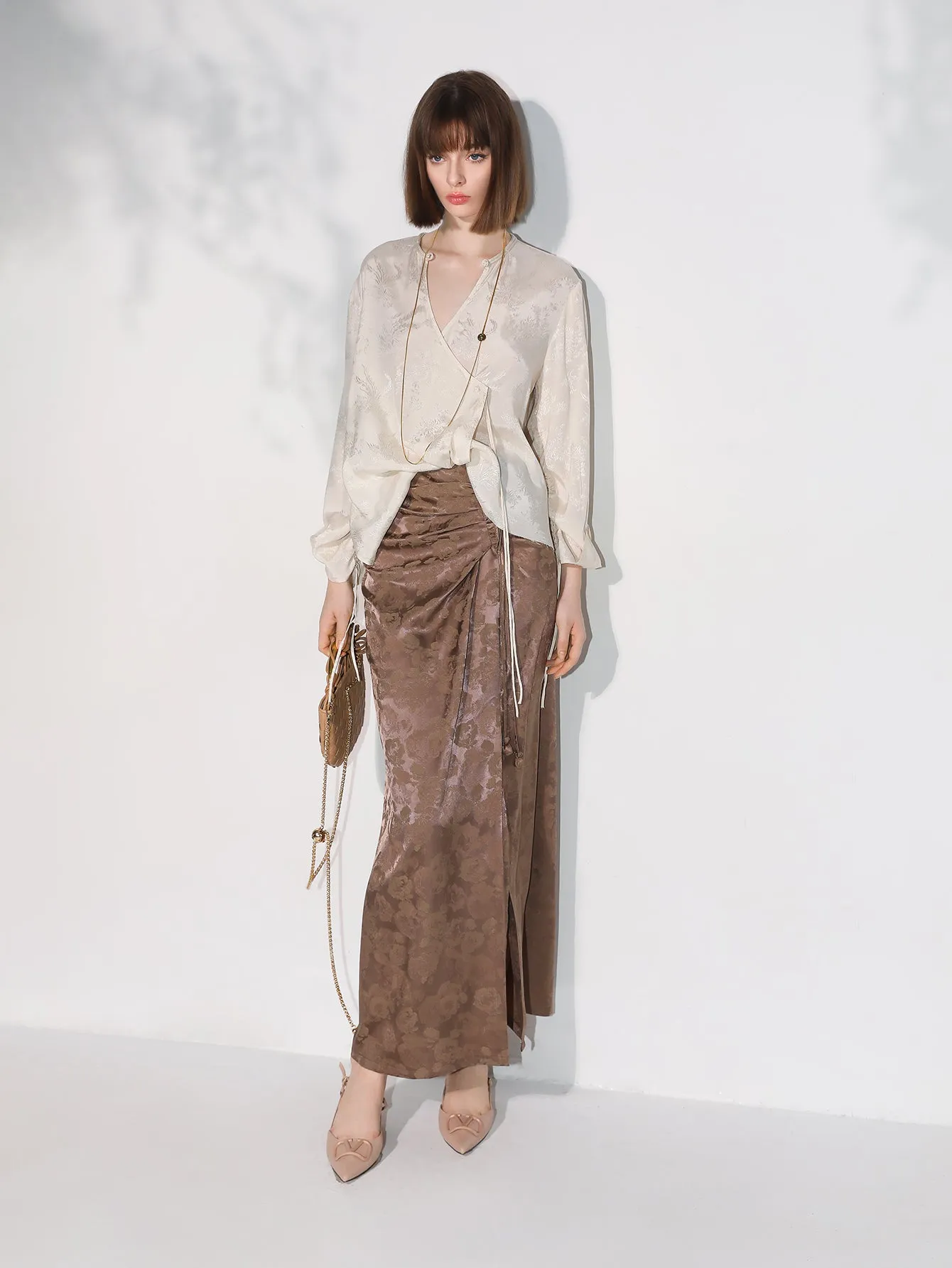 Luxurious Jacquard Draping Brown Silk Satin Skirt