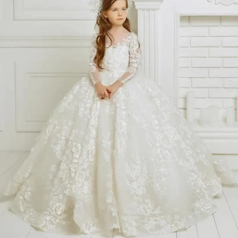 Luxurious Lace Floral Long Sleeve Prom Girls Dress