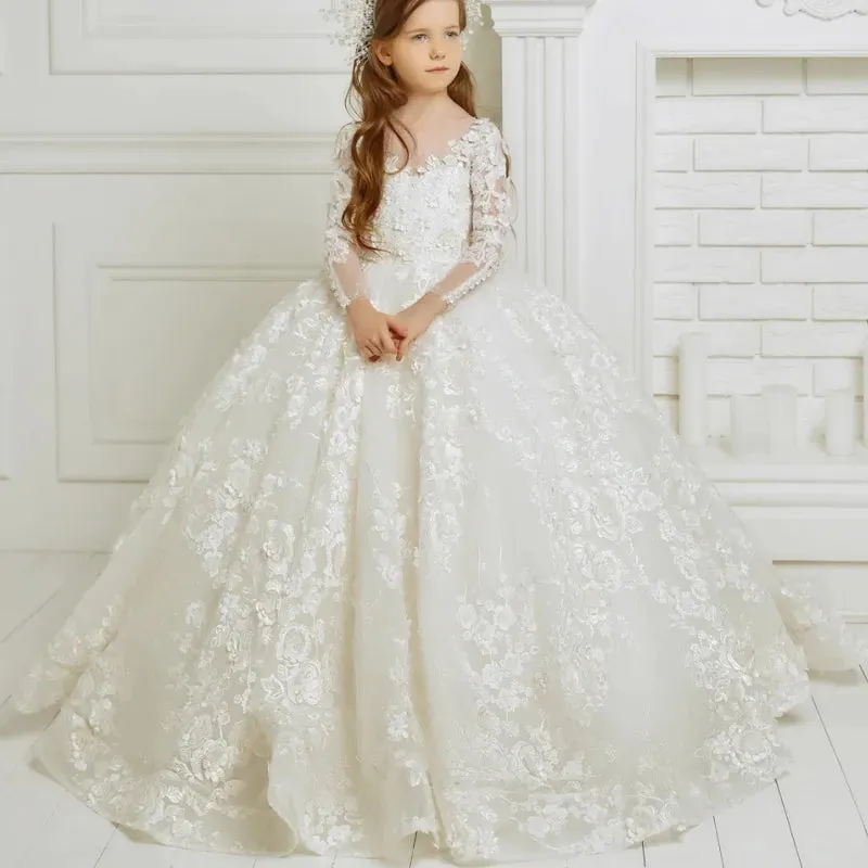 Luxurious Lace Floral Long Sleeve Prom Girls Dress