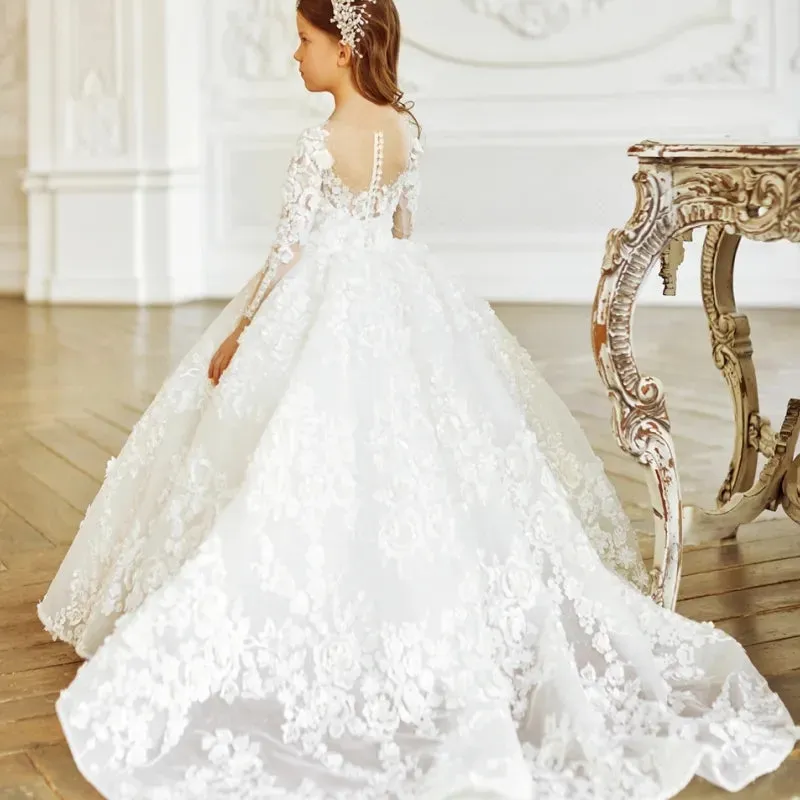 Luxurious Lace Floral Long Sleeve Prom Girls Dress