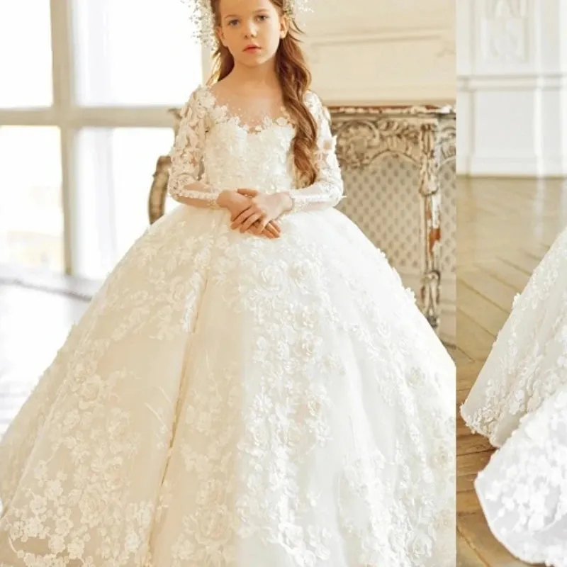 Luxurious Lace Floral Long Sleeve Prom Girls Dress