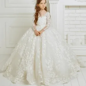 Luxurious Lace Floral Long Sleeve Prom Girls Dress