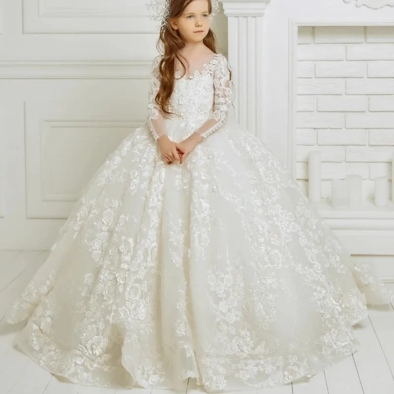 Luxurious Lace Floral Long Sleeve Prom Girls Dress