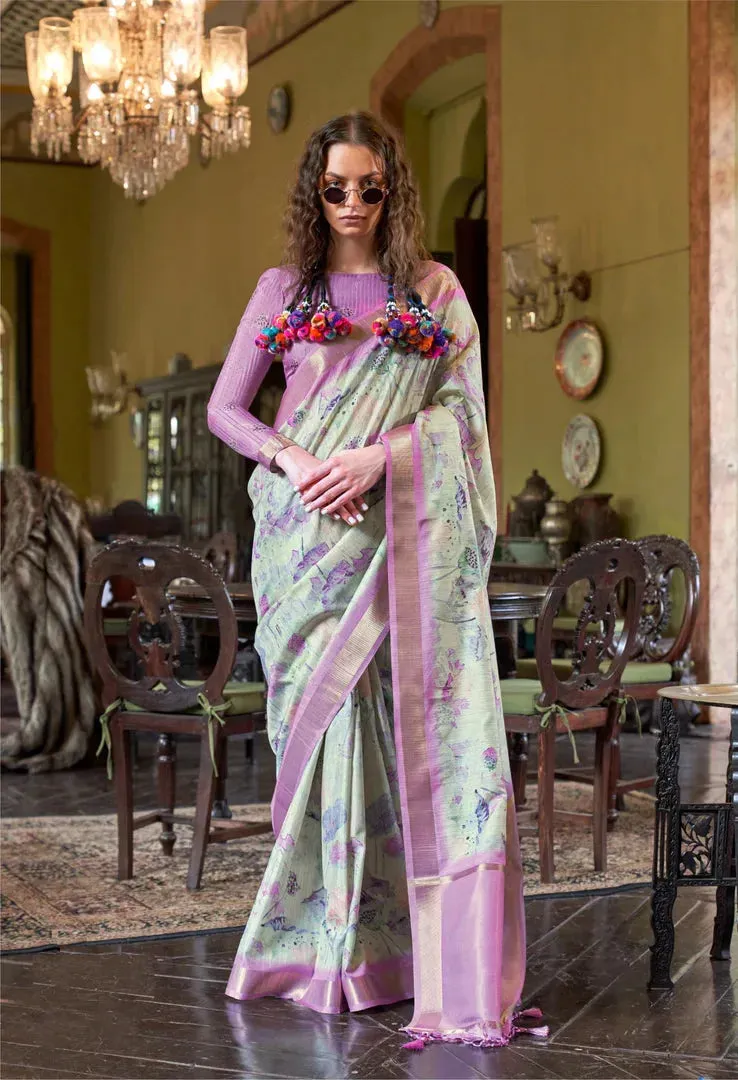 Luxurious Lavender Banarasi Silk Digital Printed Traditional Saree