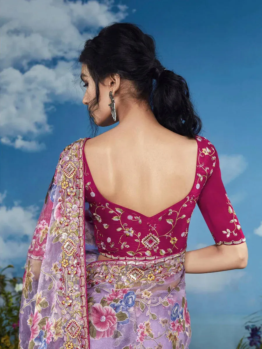 Luxurious Lavender Heavily Floral Embroidered Brasso Saree