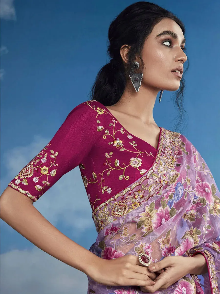 Luxurious Lavender Heavily Floral Embroidered Brasso Saree