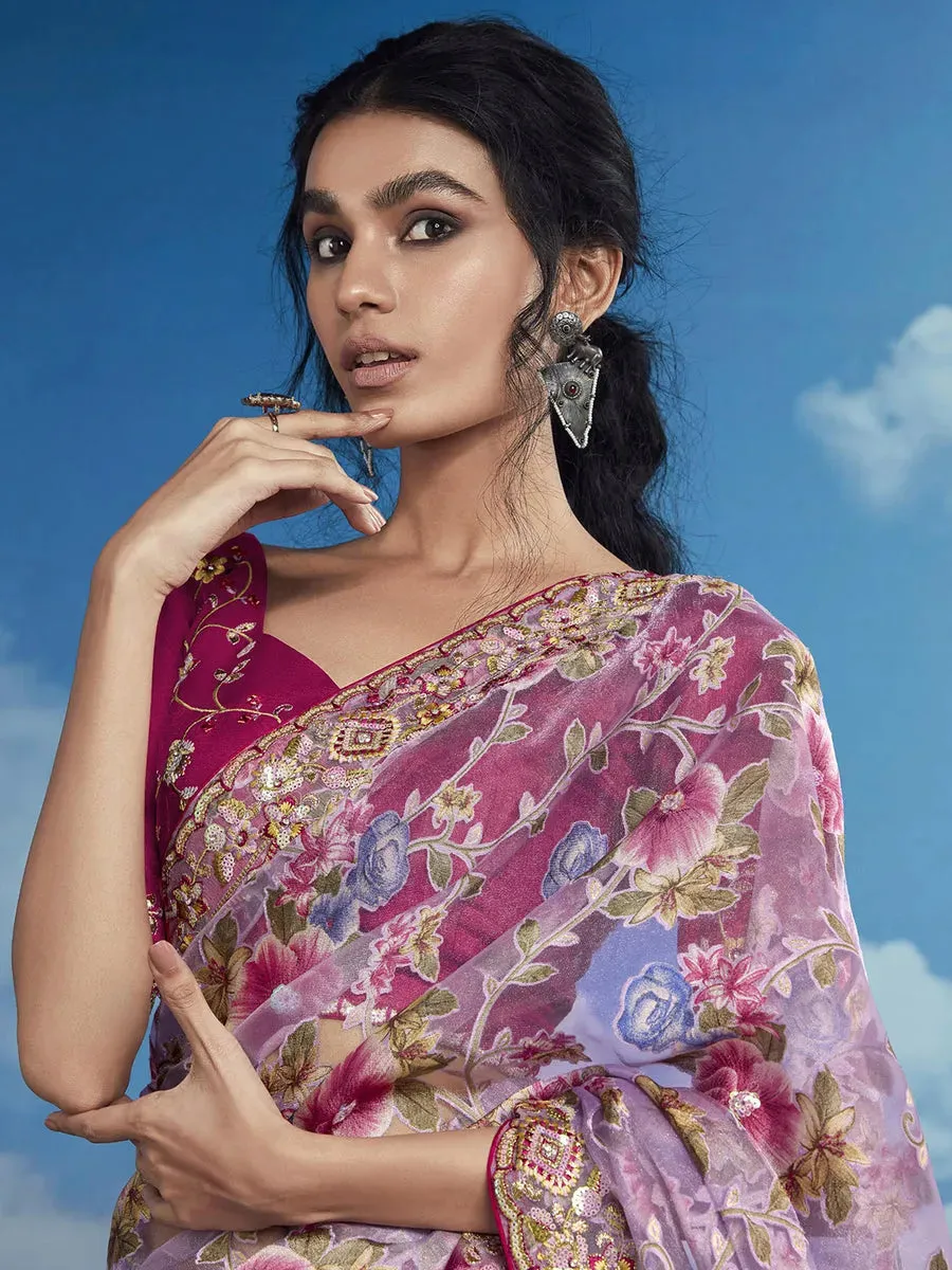 Luxurious Lavender Heavily Floral Embroidered Brasso Saree