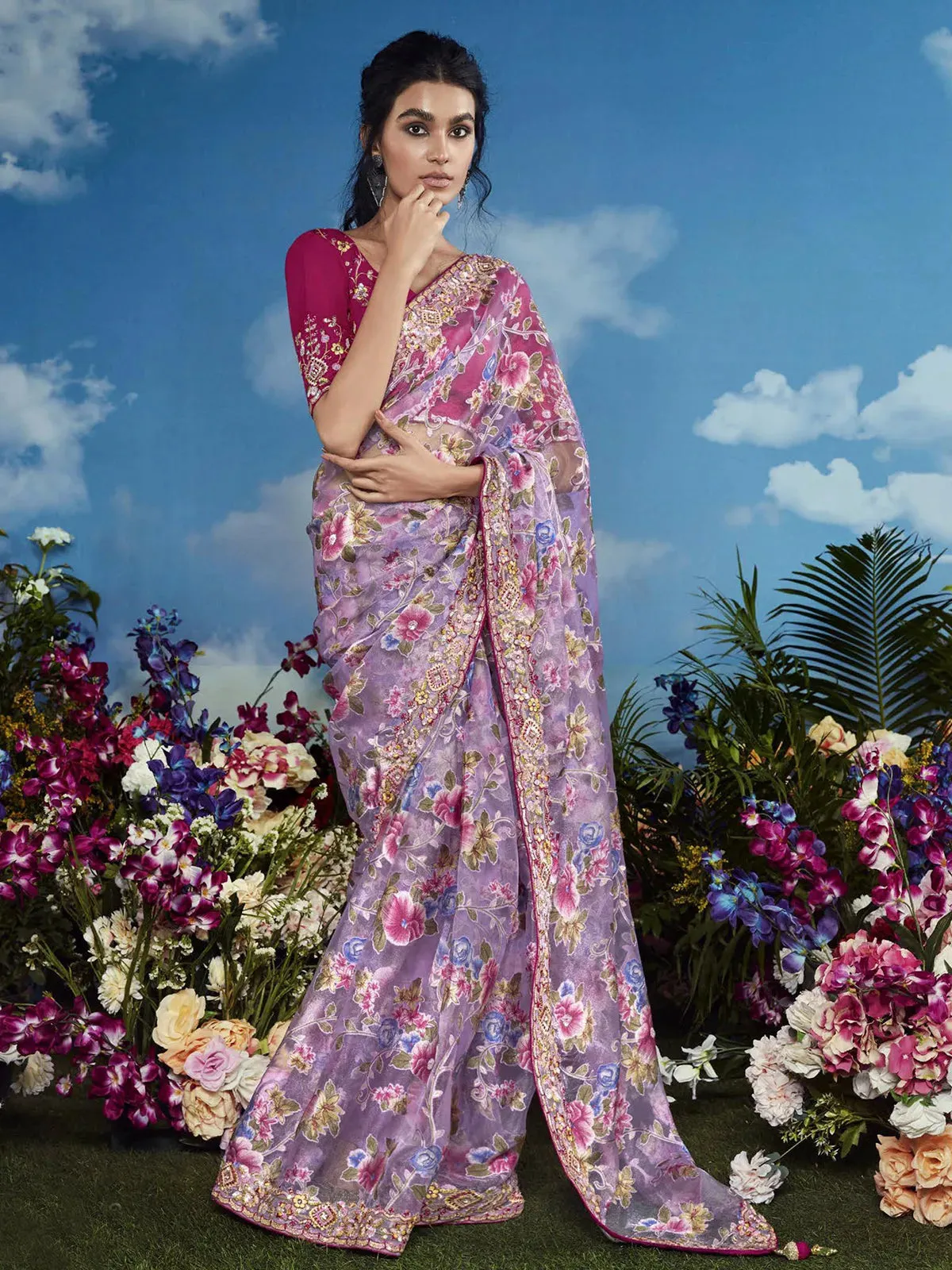 Luxurious Lavender Heavily Floral Embroidered Brasso Saree