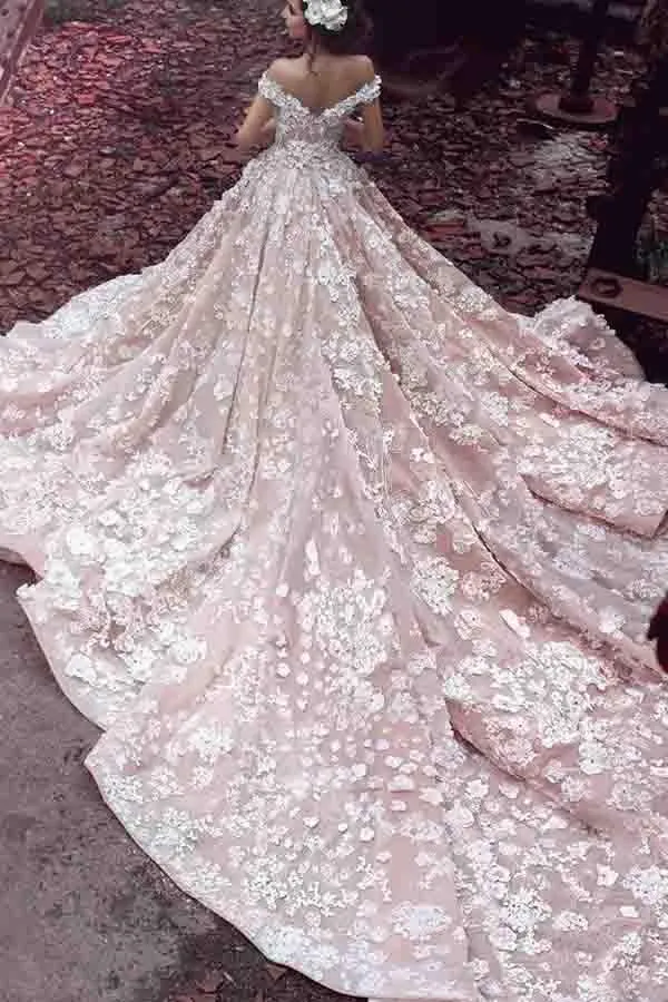 Luxurious Off Shoulder Watteau Train Formal Lace Dramatic Blush Wedding Dresses PFW0186