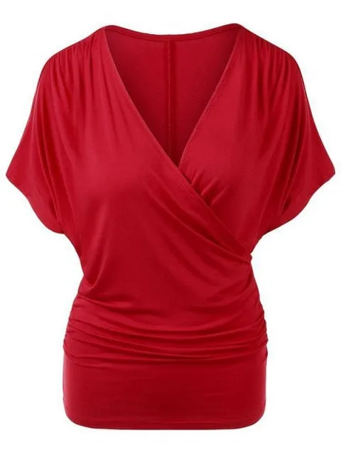 Luxurious Ruched Plunge Batwing Sleeve Tunic Tee