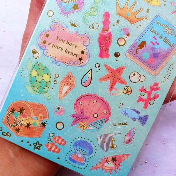 Marine Life Stickers with Gold Foil | Tropical Fish & Seashell Stickers | Mermaid Party Decoration | Scrapbook & Paper Supplies (1 Sheet)