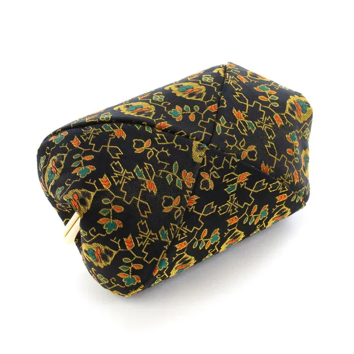 Nishijin-ori Small Pouch - Flower, Fruit, and Tree / Black -, Made in Kyoto, Japan, Cosmetic Pouch, Makeup Pouch, Japanese Gamaguchi Pouch, Travel Toiletry Pouch, Stationery Pouch, Bag organizer, Bag in Bag