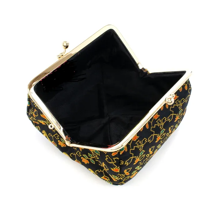 Nishijin-ori Small Pouch - Flower, Fruit, and Tree / Black -, Made in Kyoto, Japan, Cosmetic Pouch, Makeup Pouch, Japanese Gamaguchi Pouch, Travel Toiletry Pouch, Stationery Pouch, Bag organizer, Bag in Bag